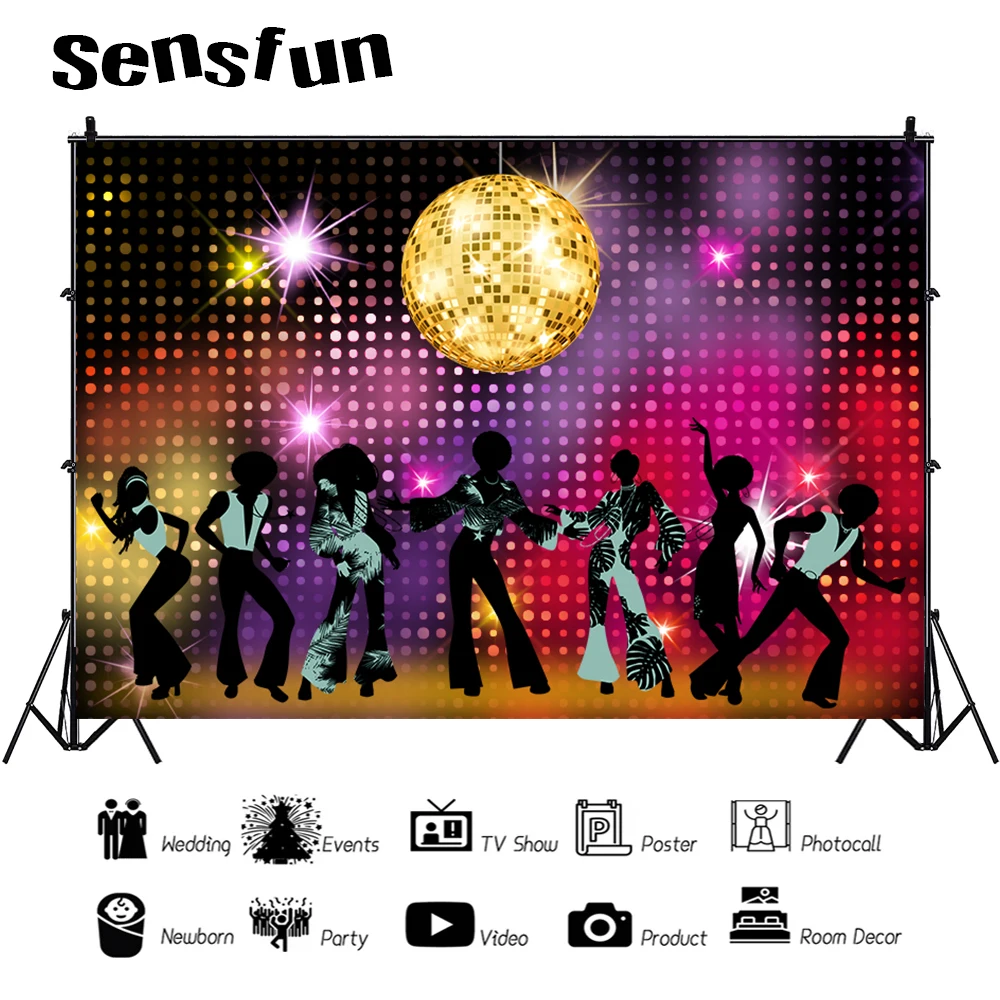 

Sensfun Retro 80s Disco Dance Party Backdrop Photo Studio Gold Shiny Light Ball Woman Birthday Photography Background Custom