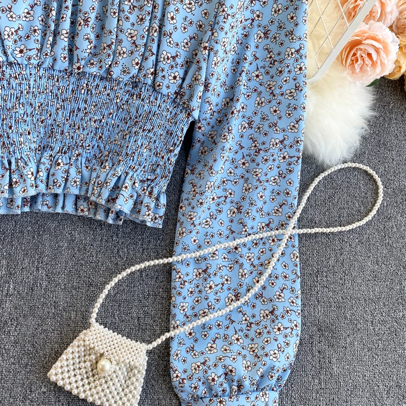 

Women Chiffon Floral Print Slim Blouse Spring Square Collar Puff Sleeve Short Slim Tops Korean Elastic Ruched Blouses