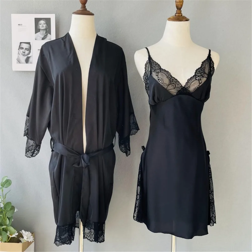

Sexy Lace Trim Satin Robe Nightdress Sets Bride Bridesmaid Kimono Bathrobe Gown Wedding Sleepwear Rayon Intimate Lingerie