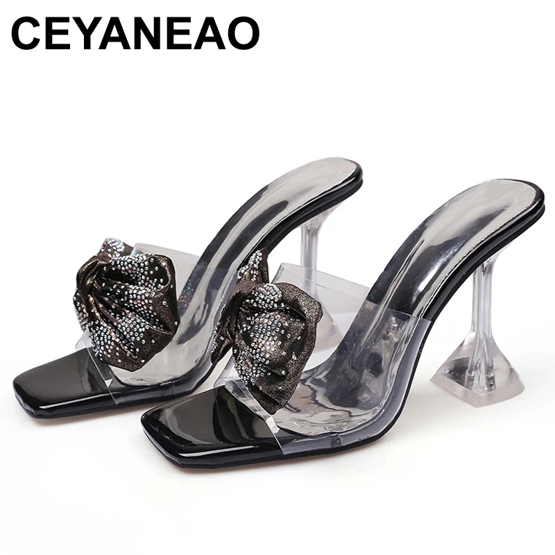 

CEYANEAO 2021Women's Bow Fashion Pumps Open-toed Women Slippers Square Toe Sandals Bling Party Shoes High Heels Dropshipping