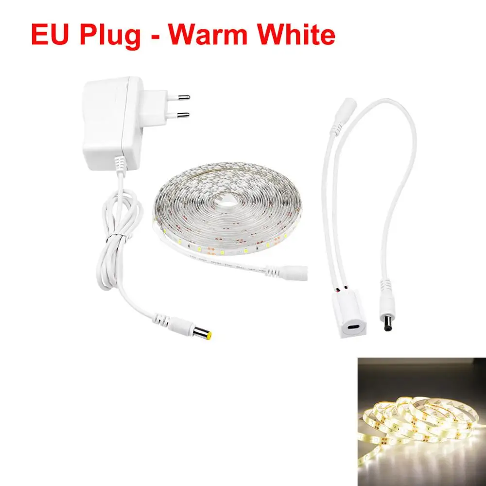 EU Plug Warm White Ручной переключатель, светодиодный светильник для шкафа s, датчик движения, светодиодный, 1 м, 2 м, 3 м, 4 м, 5 м, кухонный ночник, Светодиодная лента, светильник для спальни - Цвет: EU Plug Warm White