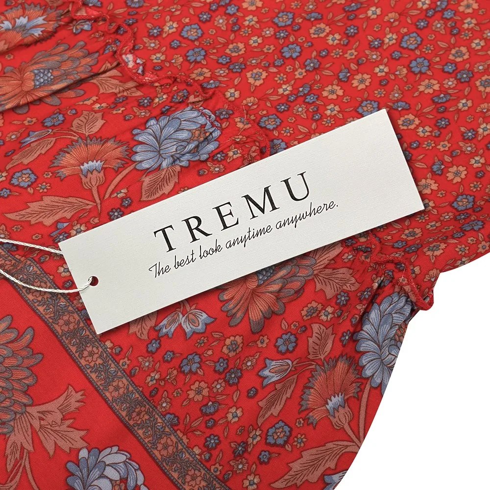 

TREMU RED V-Neck Backless Strap Dress Sleeveless Camisole Floral Print Bohemian Long Dresess