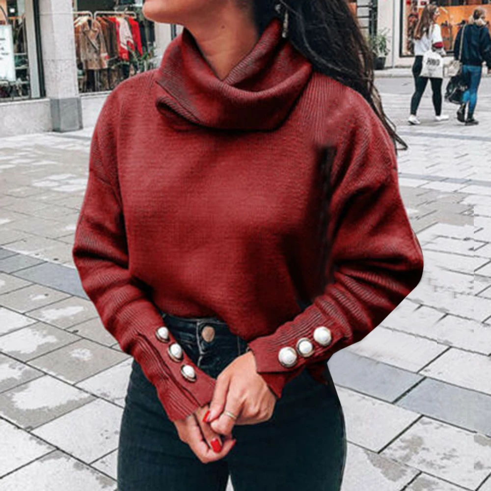 Laamei Turtleneck Sweaters Women Pullover Oversize Sweater Buttons Female Jumper Plus Green Blue Casual | Женская одежда