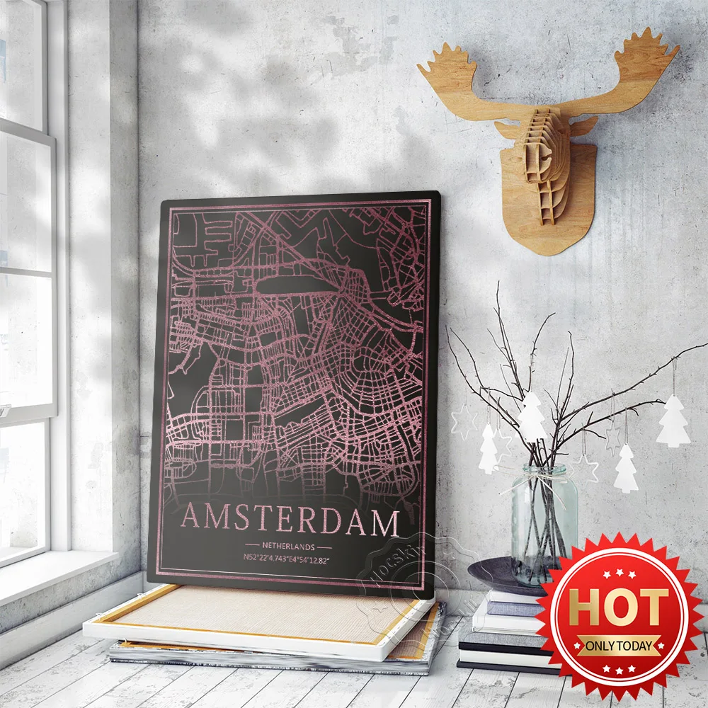 

Amsterdam Netherlands Black Pink Line Drawing City Map Art Poster, Originality Gift Mural, Modern Living Room Bar Pub Club Decor