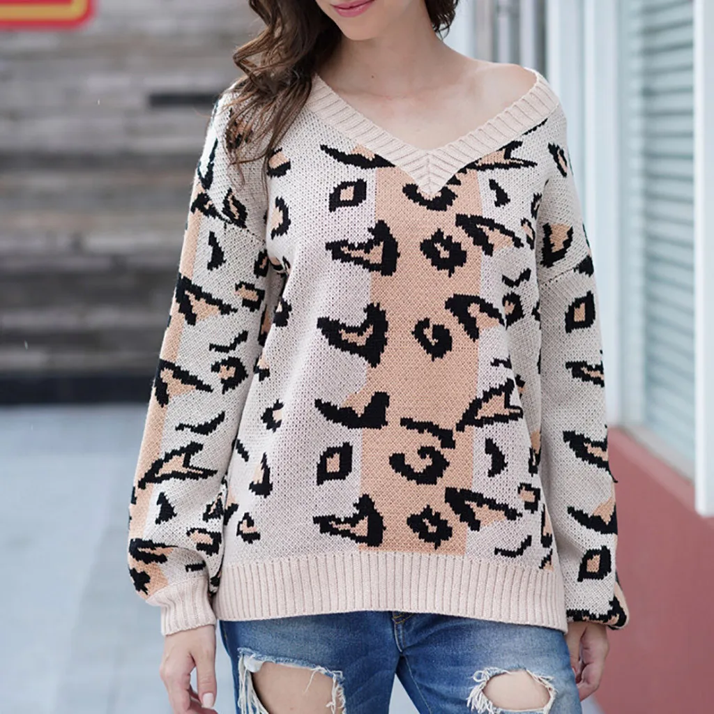 Женский свитер с v-образным вырезом сексуальный модный Леопардовый принт Зимний