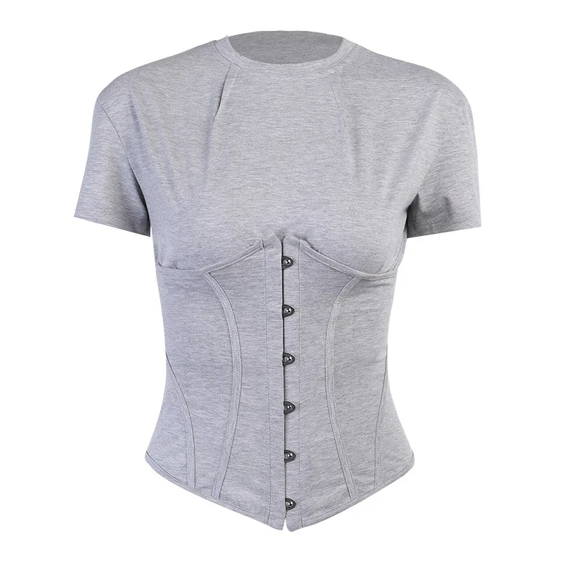 Женский облегающий корсет серая короткая футболка с круглым вырезом и коротким