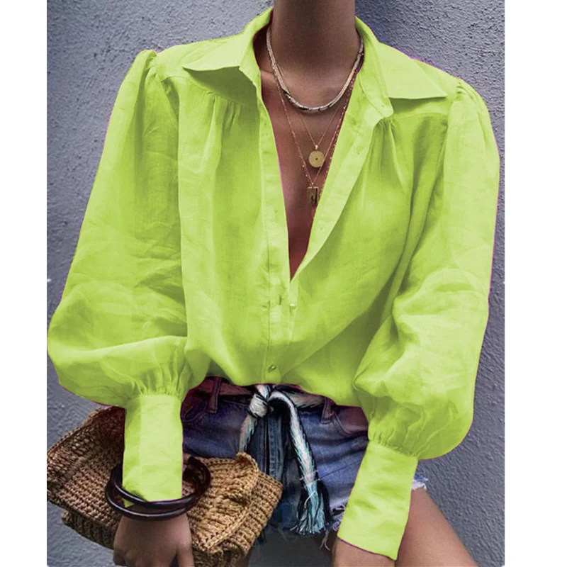 

2020 Fall Womens Tops and Blouses V Neck Blouse Lantern Sleeve Blouse Camisa Feminina korean Shirt Ladies Tops Button Up Shirt
