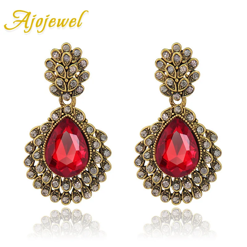 Ajojewel античное золото цвет Винтаж Серьги красные Кристаллы Стразы Ретро ювелирные изделия для женщин серьги - Окраска металла: Покрытие антикварным золотом