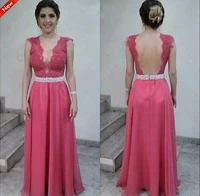cheap chiffon sexy see through v neck exquisite backless prom gown 2018 lace crystal belt custom made a line bridesmaid dresses