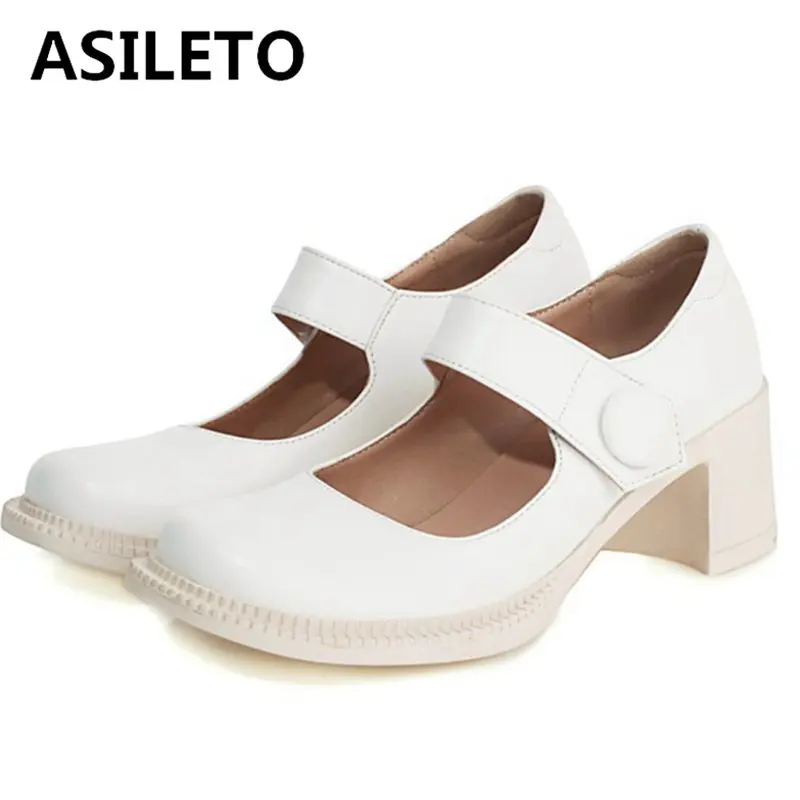 

ASILETO 2021 Spring New Cute Solid Pumps Mary Jane Round Toe Leather Concise Button Hook Loop 6cm Square High Heel Size 33-42