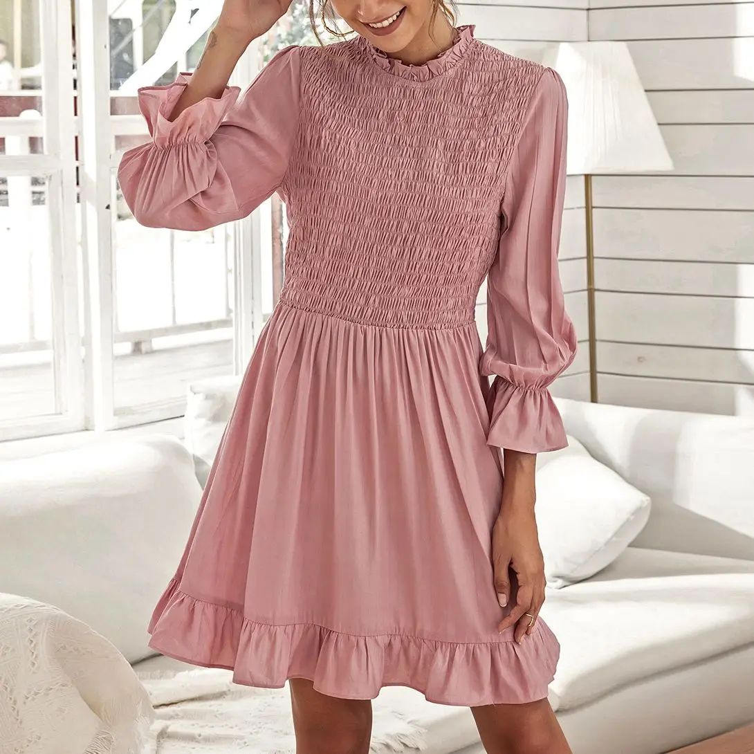 

Fashion Pink Elegant Loose Mini Dress New Women Lantern Pleated Slim Party Night Dresses Party Dress Sundress Vestidos Oodji
