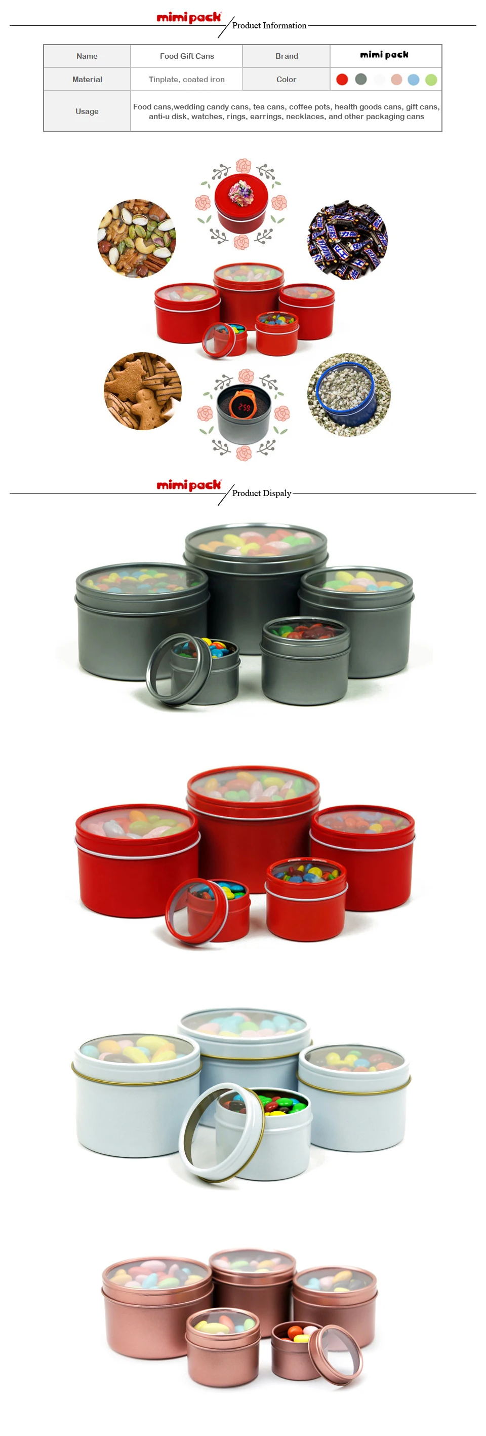 Mimipack маленькие глубокие круглые банки с прозрачным окном и верхней крышкой, жестяная упаковка, коробки для часов, пищевые банки, 24 упаковки(6 цветов