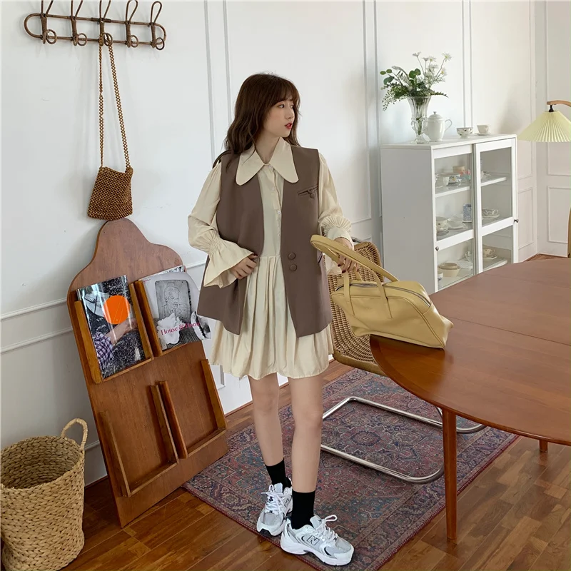

CMAZ Dress For WomenLarge Size Suit for Women 2021 New Korean Style Western Style Doll Collar Dress Small Sleeveless Two-Piece