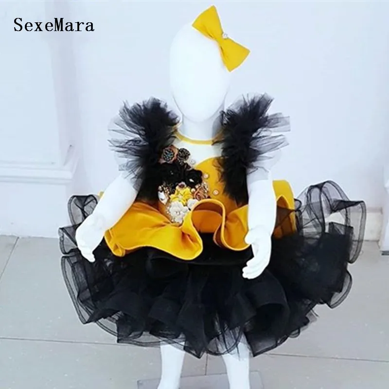 

New Arrival Real Photo Infant Girls Dresses Knee Length Black Organza Satin Flower Girl Dress Toddler Birthday Party Gowns