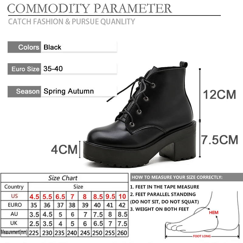 

BYQDY Gothic Round Toe Platform High Heel Short Boots Women Motorcycle Boots Shoes Lace Up Thick Heels Lady Ankle Boots Black 40