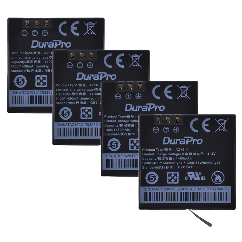 4Pc 1400mAh AZ16-1 Battery AZ16-1 for Xiaomi Yi 2 4K Original Xiao Mi Yi Lite Action Cameras