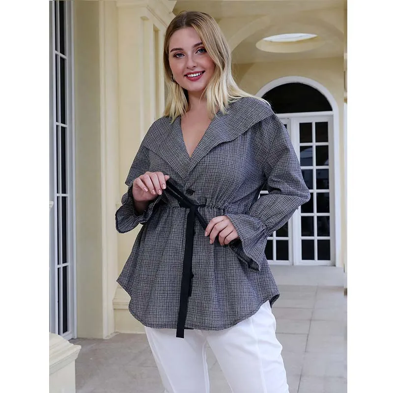 Женская блузка WHZHM в шотландскую клетку повседневный Топ серого цвета с длинным