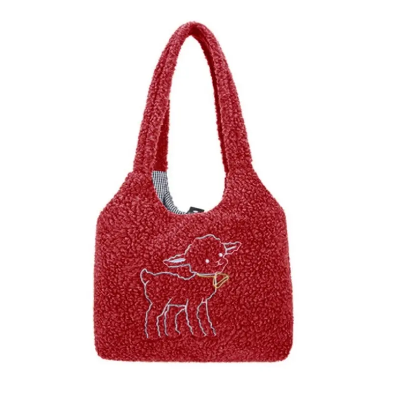 Сумка на плечо из ткани ягненка с вышивкой Женский вместительный тоут флиса