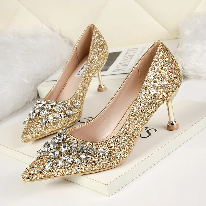 

2020 Women Mid Heels Rhinestone Glitter Sequins Luxury Pumps Stiletto Wedding Bridal Gold Silver Heeled Crystal Evening Shoes