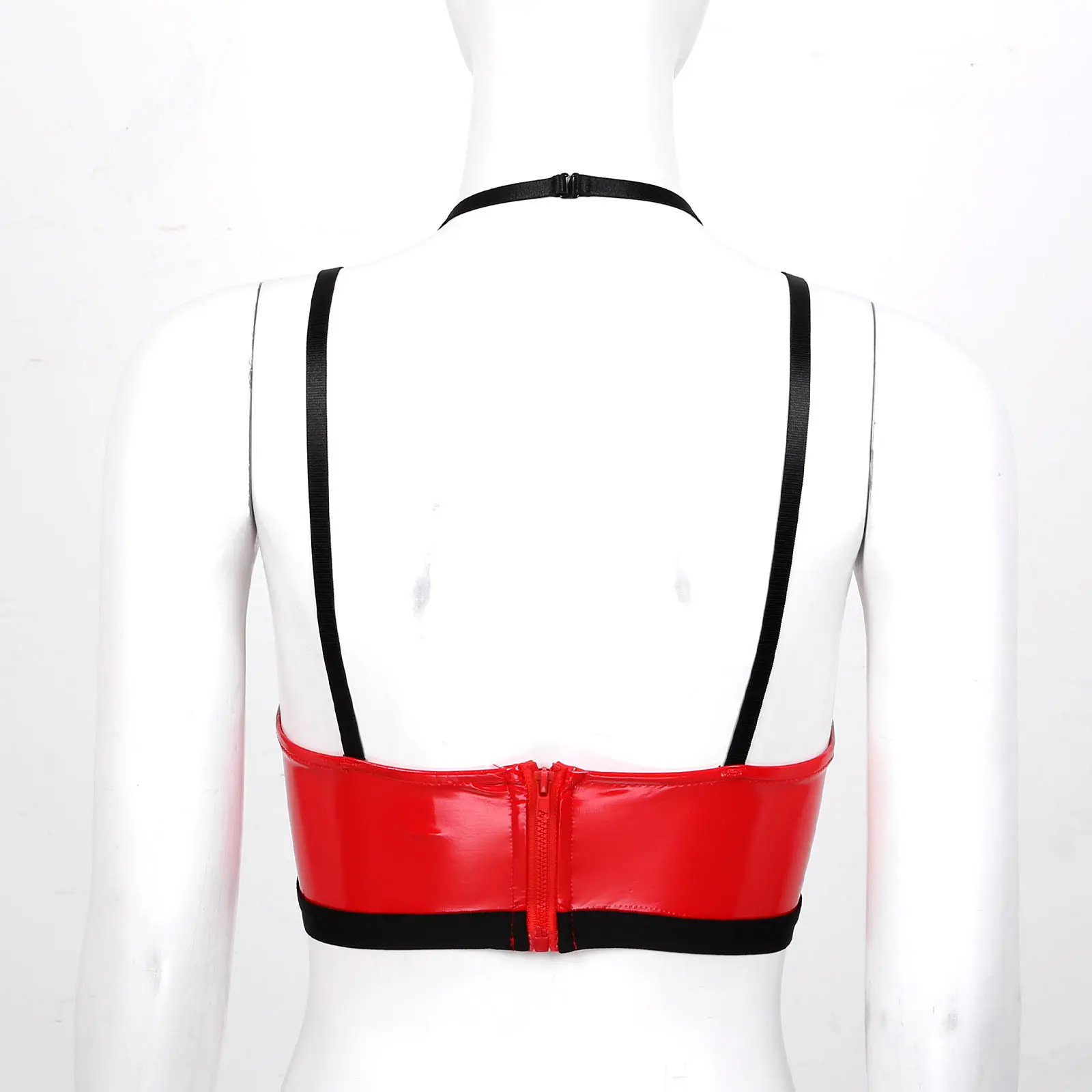 

Womens Lingerie Patent Leather Bra Halter Neck Hollow Out Strappy Open Cup Bra Tops Back Zipper Underwire Unlined Sexy Brassiere