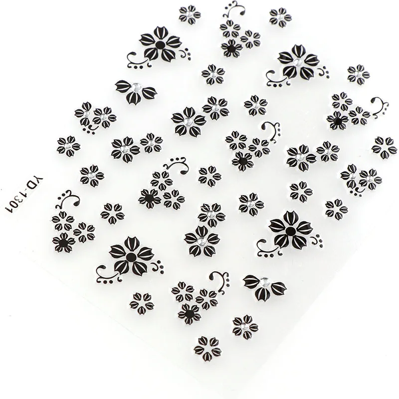 

30 Sheets Random Design 3D Nail Sticker Transparent Bottom Black Flower Series Nail Sticker Decoration