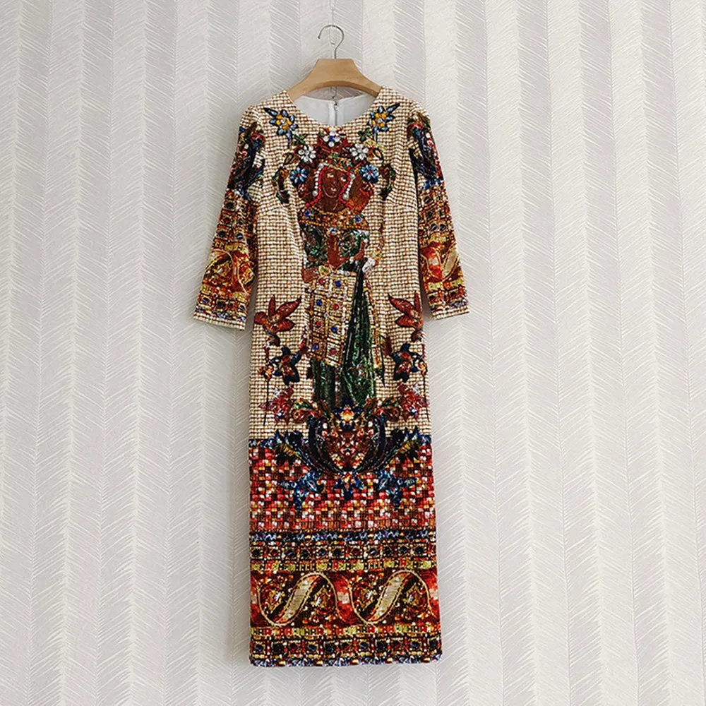 

FW 2021 Runways Women's High Quality Dimaonds Floral Vintage Dress C333