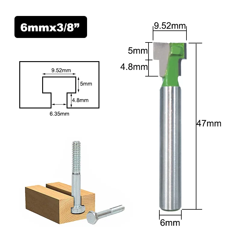 1pc 9.52mm 1 шт. 1/" или 6 мм хвостовик Т-образный резак фрезы Набор бит шестигранный болт ключ отверстие биты т долбежные фрезы для деревообработки - Длина режущей кромки: 1pc 9.52mm