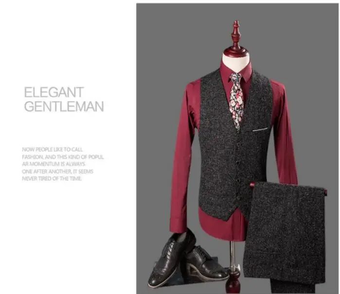 Men's Suits 2018 British Style Men's Fashion Single Button Wool Suit Men Wool Wedding Suits(Jacket+Vest+Pants) Costume Homme