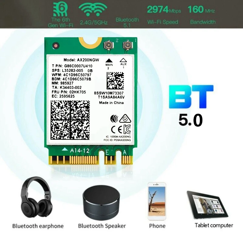 

Network Card Ax200Ngw with Antenna Wifi6 3000Mbps M.2 Ngff 802.11AxBluetooth 5.0 2.4G/5.0G Wifi Adapter