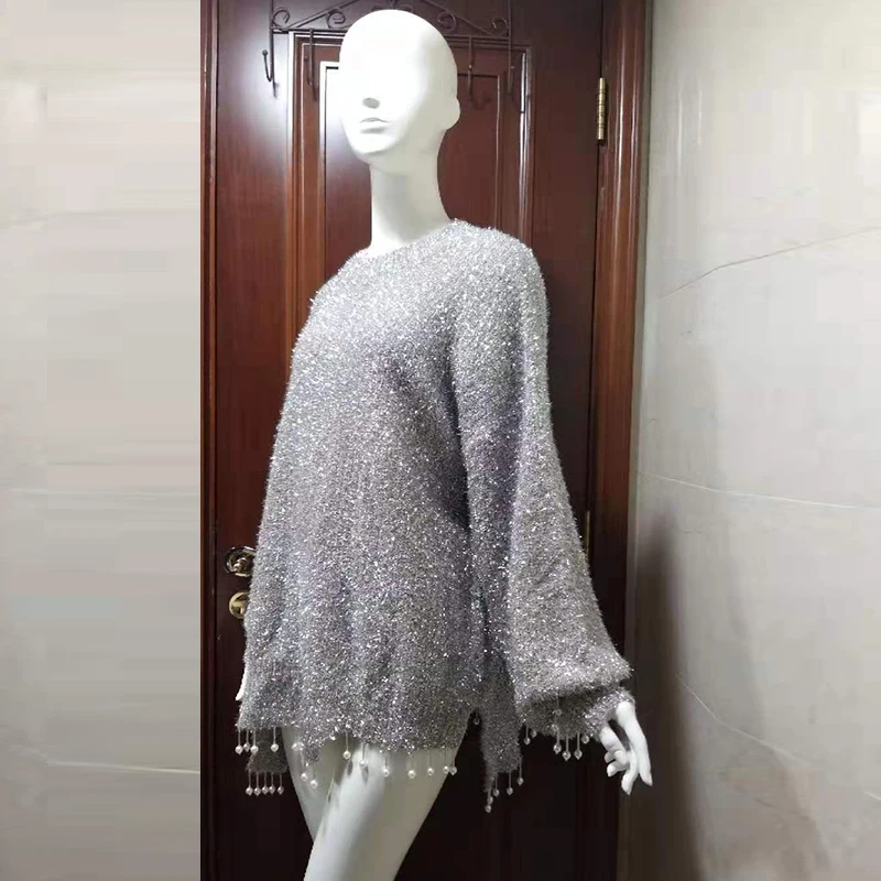 Женский Длинный пуловер с перламутровой бахромой толстый Толстый Пуловер