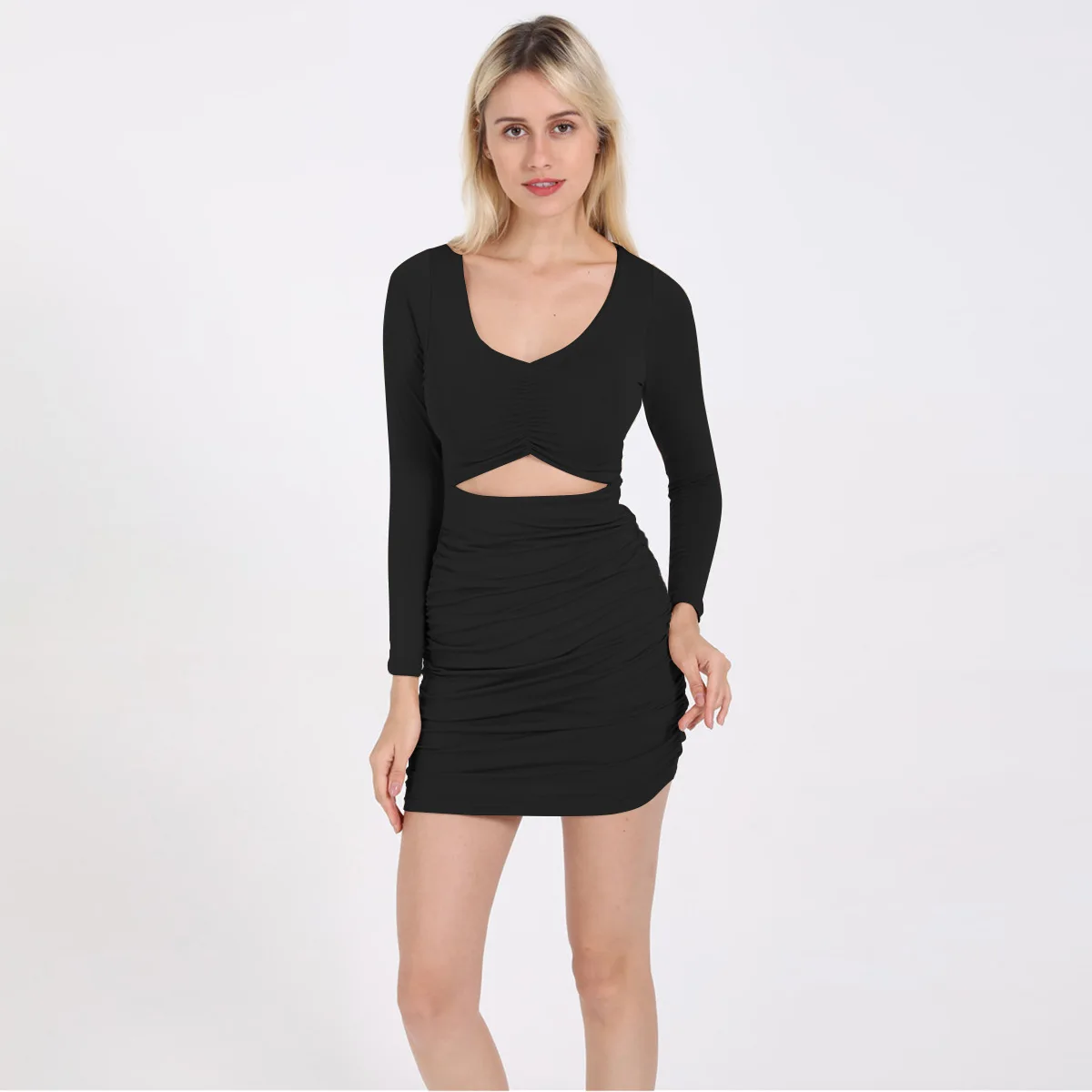 

2019 New Autumn And Winter Long Sleeve Sexy V-neck Slim Fit Dress European And American-Style Hot Selling 8908