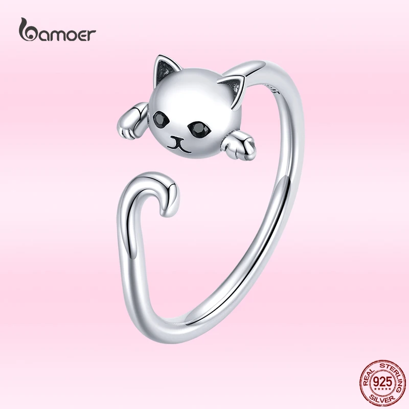 

Bamoer New Lovely Cute Kitten Open Adjustable Finger Ring for Women 100% 925 Sterling Silver Lucky Ring Fine Party Jewelry Gift