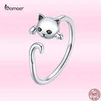 bamoer new lovely cute kitten open adjustable finger ring for women 100 925 sterling silver lucky ring fine party jewelry gift