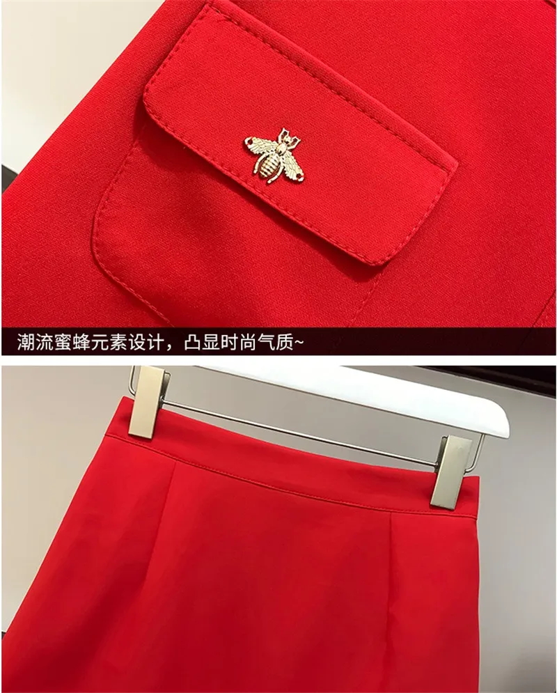 

CBAFU bee 2 piece set women embroidery cardigans knit coat long sleeve red a-line skirt suit mini plus size spring clothes M247