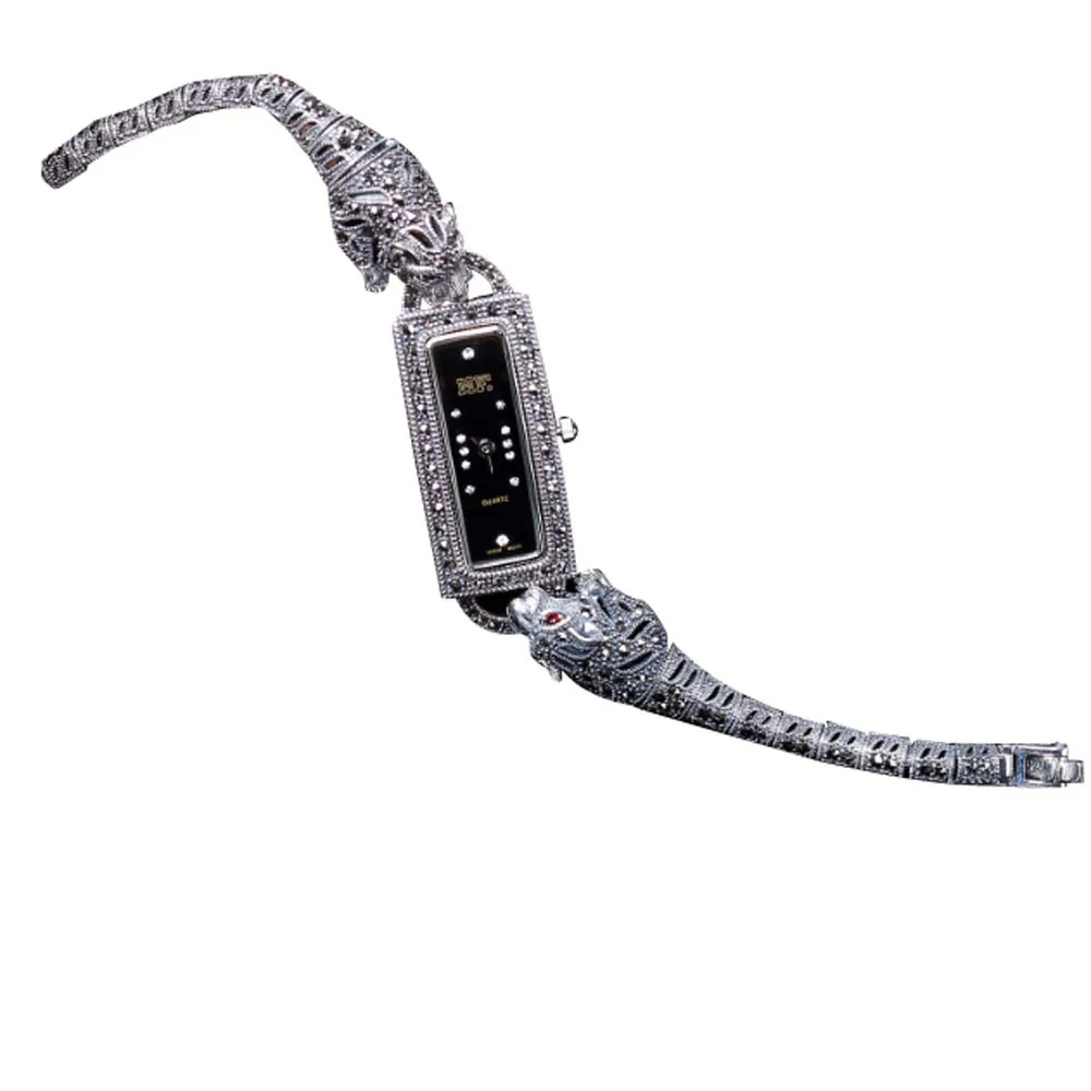 

YQ New Women Wrist Watches Leopard Pave Marcasite Black 925 Silver Vintage Bracelet Cheetah Watch Real Silver Bangle