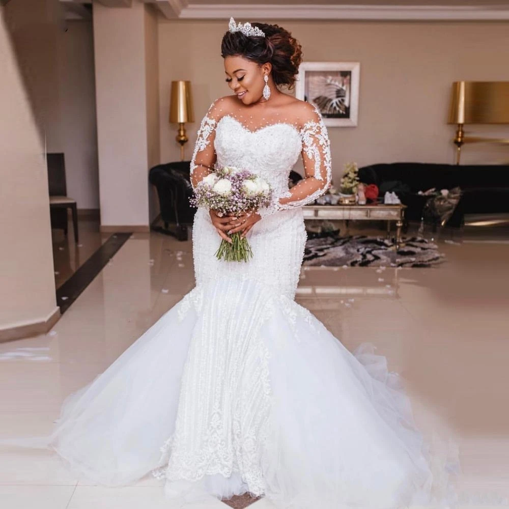 

African Luxury Beading Mermaid Wedding Dress Long Sleeve Appliques Pearls Wedding Gowns Plus Size Black Bride Vestido de noiva
