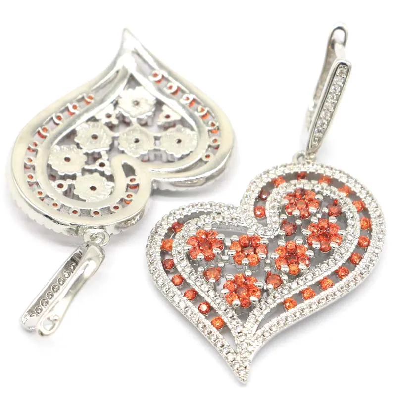 47x30mm Fancy Heart Shape Created Orange Spessartine Garnet Bright Zircon Ladies Silver Earrings | Украшения и аксессуары