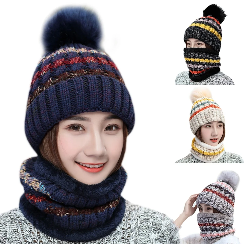 

Women Winter 2 Pieces Pompom Beanie Hat Circle Scarf Set Multicolored Striped Knitted Ski Skull Cap Plush Lined Neck Warmer Mout