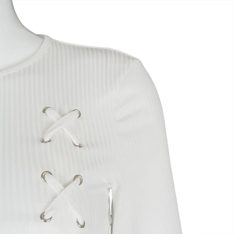 

Sexy O Neck Ribbed Knitted Cropped T-shirt Women Elegant Lace Up Tshirt Streetwear Solid Slim Crop Top Women's Clothing New