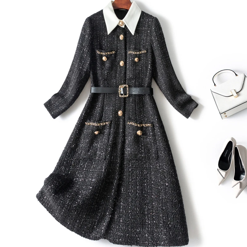 

Женское шерстяное платье с отложным воротником, винтажное твидовое однобортное платье с длинным рукавом, Осень-зима 2021