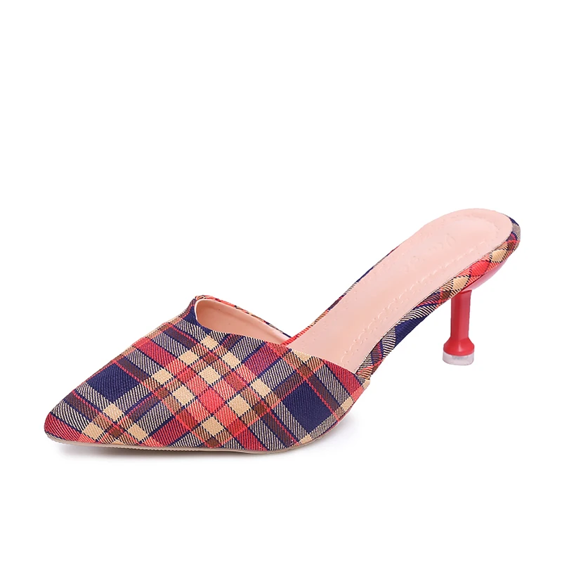 Мюли женские на тонком каблуке пикантные туфли лодочки в красную клетку без застежки высокий каблук