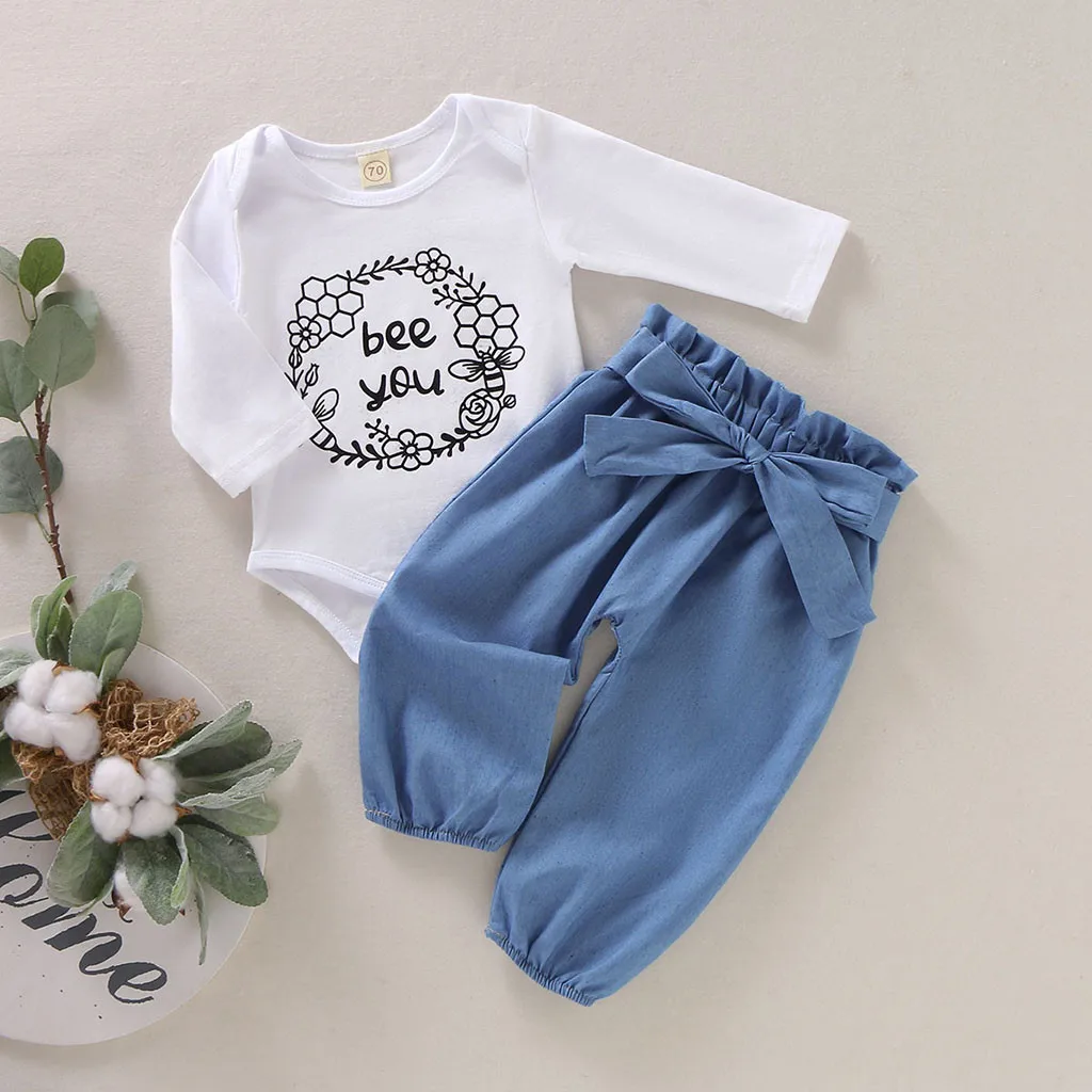 Комбинезон с буквенным принтом для маленьких девочек боди + джинсы имитацией