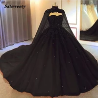 black ball gown gothic wedding dress with cape sweetheart beaded tulle princess bridal non white custom made bride 2022