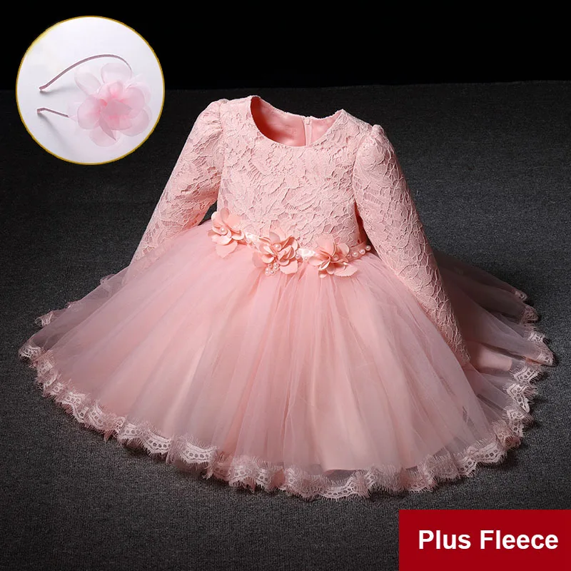pink Plus Fleece Высококачественное торжественное платье для малышей с длинными рукавами и флисом; детское свадебное платье; цвет белый, розовый, красный; зимняя одежда для девочек - Цвет: pink Plus Fleece