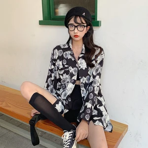 Рубашка женская летняя свободная в стиле Харадзюку, с цветочным принтом