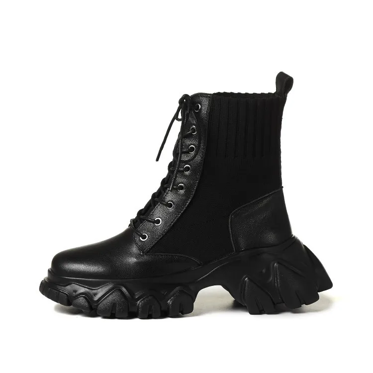 

boots 20 autumn winter top layer Muffin thick bottom short cowhide knitting wool front lace up leisure sports women's short