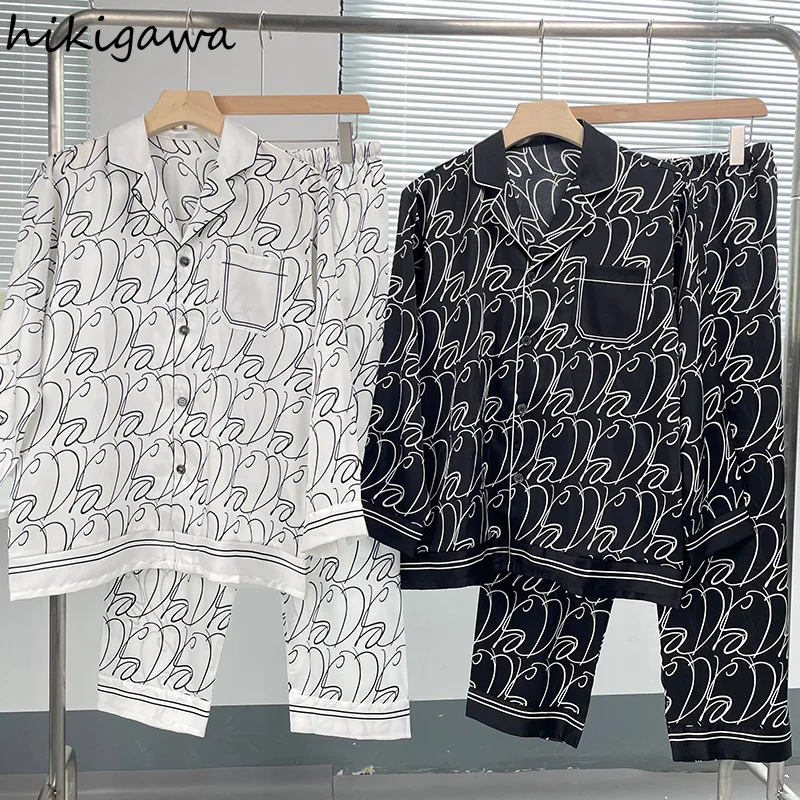 

Hikigawa пижамы женские парные костюмы осень 2021 брюки с длинным рукавом домашнее обслуживание ледяной шелк Свободные пижамные комплекты с прин...