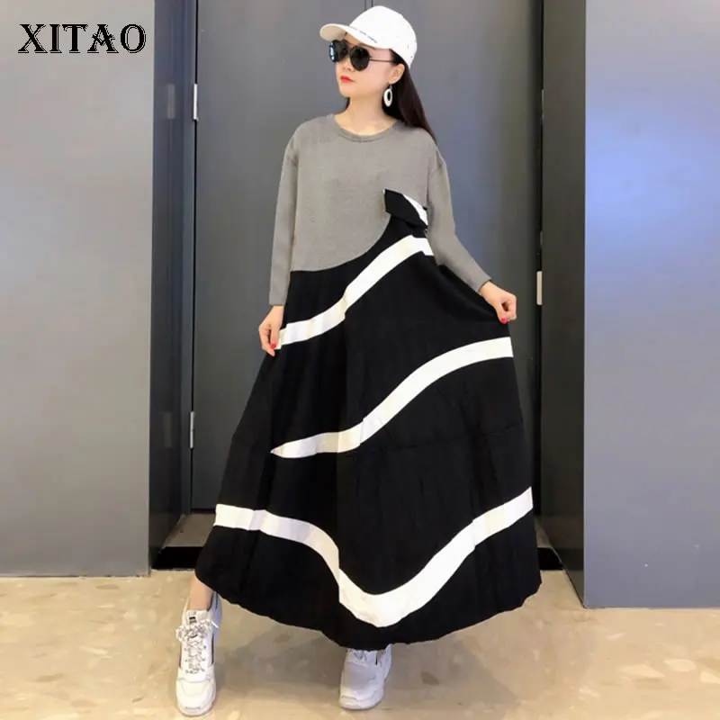 XITAO элегантное Полосатое платье средней длины в стиле пэчворк с круглым вырезом и