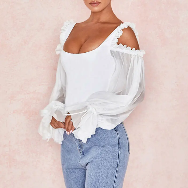 

Women Girls Mesh Sheer Top Long Sleeve Transparent Blouse Shirt Fashion White Mesh Lace Sleeve Blouse Shirts Female Streetwear