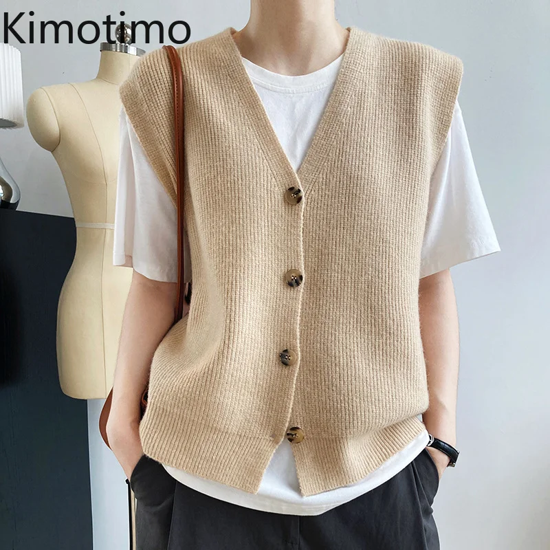 

Kimotimo Knitted Vest Women Autumn Outwear V-neck Sleeveless Waistcoat Korean Vintage Casual Overlap Solid Sweater Vests Blusas